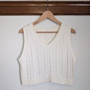 Preppy Bohemian V Neck Cable Knit Sweater Vest Womens Medium Crop White Garage